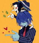  1boy 1other 2525nicc :| black_hair black_shirt blue_hair blue_hat blue_jacket circle_facial_mark closed_mouth commentary covered_eyes deltarune dollar_sign fedora finger_gun hair_over_eyes hand_on_another's_head hat heart heterochromatic_eyewear highres jacket kris_(dark_world)_(deltarune) kris_(deltarune) kris_(gangster)_(deltarune) lapels long_nose long_sleeves necktie open_mouth pink-tinted_eyewear pointy_nose portrait red_necktie shirt short_hair simple_background size_difference spamton_g._spamton standing_on_another's_shoulders striped_clothes striped_jacket symbol-only_commentary teeth tinted_eyewear utdr_(toby_fox) vertical-striped_clothes vertical-striped_jacket yellow-tinted_eyewear yellow_background 