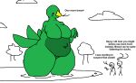 2024 6saw789 anatid anseriform anthro avian beak belly big_belly bird blush blush_lines breasts dialogue digital_media_(artwork) duck english_text featureless_breasts featureless_crotch female green_body group huge_hips huge_thighs larger_female macro macro_female multicolored_body navel obese obese_anthro obese_female outside overweight overweight_anthro overweight_female pixel_(artwork) pond size_difference standing stick_figure tail text thick_thighs two_tone_body wide_hips