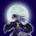  back bad_id bad_pixiv_id dress frills hacka hairband looking_back moon purple_eyes ribbon rozen_maiden silver_hair solo suigintou wings 