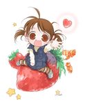  ahoge blush brown_eyes brown_hair child dress food fruit happy open_mouth original smile solo star straddling strawberry sweets toujou_sakana twintails 