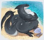 absurd_res anthro artist_name back_muscles ball beach beach_ball beach_chair beach_umbrella big_breasts big_butt big_tail black_body black_sclera black_skin breasts butt countershading crouching csarphong female fin fish gills grin head_fin hi_res holding_breast huge_breasts huge_butt huge_tail inflatable mackerel_shark macro macro_female marine megalodon muscular muscular_anthro muscular_female non-mammal_breasts nude nude_anthro nude_female parasol prehistoric_species sea seaside shark sharp_teeth smile solo tail tail_fin teeth text thick_tail thick_thighs water white_body white_countershading