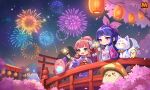  2girls absurdres animal_collar arch_bridge arched_bangs artist_request ayanokouji_kanna back_bow bad_source bell bellflower bellflower_root berry bird black_eyes blue_hair blunt_bangs blunt_sidelocks blush blush_stickers bow bridge bright_pupils cherry_blossoms chibi chibi_only closed_eyes closed_mouth collar colored_inner_animal_ears crown earrings eyelashes facial_mark falling_petals fangs festival fireworks floral_print floral_print_bow floral_print_kimono floral_print_sleeves flower forehead_mark fox gold_crown hair_ornament hair_tie hairband haku_(maplestory) highres holding holding_fireworks horns japanese_clothes jewelry jingle_bell kimono lantern long_hair long_sidelocks long_sleeves maplestory maplestory_m market_stall matsuyama_sakuno monster mountain multiple_girls mushroom nexon night night_sky no_nose obi obijime official_art open_mouth orange_mushroom_(maplestory) outdoors paper_lantern penguin pepe_(maplestory) petals pink_bean pink_bow pink_eyes pink_hair pink_hairband pink_petals pink_sash pom_pom_(clothes) pom_pom_hair_ornament ponytail print_kimono purple_collar purple_horns purple_kimono purple_sleeves sash second-party_source sidelocks sky smile solid_circle_eyes solid_circle_pupils solid_oval_eyes sparkler standing star_(sky) straight_hair tongue torii very_long_hair warm_colored white_fur white_pupils white_sleeves white_tail wide_sleeves yeti_(maplestory) 