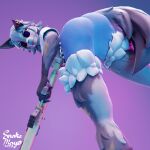 2025 3d_(artwork) absurd_res anthro assault_rifle big_butt black_body bottomwear butt canid canine canis clothing countershade_legs countershading denim denim_bottomwear denim_clothing denim_shorts digital_media_(artwork) ear_piercing epic_games eyewear female fortnite fur gloves_(marking) gold_(metal) gold_jewelry grey_body grey_fur grey_hair gun hair hi_res holding_object holding_weapon jewelry looking_at_viewer looking_down looking_down_at_viewer low-angle_view mammal markings nails piercing ranged_weapon rifle sharp_nails shorts snakemayo solo sunglasses tail tongue tongue_out weapon wide_hips wolf wolfie_(fortnite) worm's-eye_view