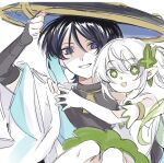  1boy 1girl @_@ arm_up armlet black_bodysuit black_bridal_gauntlets black_hat blue_trim blunt_ends bodysuit bridal_gauntlets carrying carrying_person clenched_hand colored_tips commentary crazy_eyes cross-shaped_pupils detached_sleeves dress genshin_impact gold green_eyes green_pupils green_trim grey_hair hands_on_another's_shoulder hat highres jewelry jingasa long_hair looking_at_viewer middle_ring multicolored_hair nahida_(genshin_impact) neck_ring open_mouth pointy_ears princess_carry purple_eyes scaramouche_(genshin_impact) short_sleeves side_ponytail sidelocks sketch sn2a symbol-only_commentary symbol-shaped_pupils tilted_headwear tsurime turtleneck turtleneck_bodysuit two-sided_fabric two-sided_headwear wanderer_(genshin_impact) white_background white_dress white_hair white_mouth white_sleeves wispy_bangs 