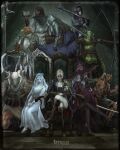  absurdres animal_head bird_boy black_capelet black_gloves black_hair black_skin blindfold_mask blonde_hair bloodborne blue_surcoat breasts brother_and_sister capelet chair colored_eyelashes colored_skin dark_skin dark_souls_(series) dark_souls_i dark_souls_iii dress duchess_(elden_ring) elden_ring elden_ring_nightreign executor_(elden_ring) gloves green_hood guardian_(elden_ring) hat hat_over_eyes hat_over_one_eye helmet highres hood hood_up ironeye_(elden_ring) jewelry large_hat long_hair looking_at_viewer mask purple_hat purple_sleeves raider_(elden_ring) recluse_(elden_ring) revenant_(elden_ring) satsu-strive siblings undertaker_(elden_ring) very_dark_skin white_eyelashes witch witch_hat wooden_staff 