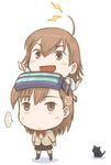  ahoge brown_eyes brown_hair cat chibi denden head_mounted_display inu_(index) last_order misaka_imouto multiple_girls school_uniform short_hair skirt to_aru_majutsu_no_index 