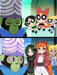  1boy 3girls absurdres animification artist_name black_hair blonde_hair blossom_(ppg) blue_eyes bongftah brain bubbles_(ppg) buttercup_(ppg) commentary crown gothic_lolita green_eyes gyaru hair_ribbon highres jacket lolita_fashion long_hair mojo_jojo monkey multiple_girls nail_polish orange_hair powerpuff_girls red_eyes red_jacket ribbon school_uniform shirt signature symbol-only_commentary tattoo twintails white_shirt 