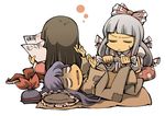  blank_eyes bow brown_hair closed_eyes exhausted from_behind fujiwara_no_mokou hair_bow hat hat_removed headwear_removed hounori houraisan_kaguya kamishirasawa_keine long_hair lying multiple_girls on_back purple_hair silver_hair simple_background sweatdrop test touhou towel white_background 