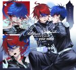  2boys absurdres ahoge armband belt belt_pouch black_coat black_hair black_jacket black_pants blood blood_from_forehead blood_on_clothes blood_on_face blood_spray blue_eyes blue_hair bridge_piercing buttons chin_piercing chinese_commentary coat commentary_request earrings empty_eyes eyeliner eyepatch face_piercing facepaint fingers_to_mouth gakuran gloves grey_eyes hair_between_eyes hand_on_another's_shoulder hand_on_another's_stomach heart high_collar highres holding_hands jacket jewelry last_defense_academy_school_uniform long_sleeves makeup male_focus mismatched_earrings multicolored_hair multiple_boys omokage_yugamu open_clothes open_jacket open_mouth pants piercing pouch print_eyepatch red_eyeliner red_hair richost roots_(hair) school_uniform short_hair sitting spoilers streaked_hair sumino_takumi sweat the_hundred_line_-last_defense_academy- too_many_watermarks translation_request two-tone_hair watermark white_armband white_belt white_gloves yaoi 