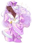  1girl ascot breasts dark-skinned_female dark_skin dress fascinator frilled_ascot frills glove_bow gloves hair_ornament highres jacinthe_(pokemon) juliet_sleeves long_hair long_sleeves low_drills mega_stone open_mouth pokemon pokemon_legends:_z-a pon_(ponymmtknsk) puffy_sleeves purple_dress purple_eyes purple_hair simple_background smile solo sparkle teeth upper_teeth_only very_dark_skin white_background white_gloves 