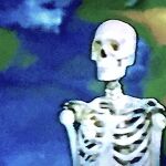  album_cover bad_source blue_background bone cassette_tape commentary corpse cover english_commentary green_background skeleton smile undead videocassette 