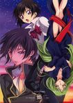  1girl :o bangs black_hair blush bow bowtie breasts c.c. chest child cleavage cloud code_geass cover cover_page crossed_arms doujinshi dress dress_shirt dual_persona embarrassed facial_mark forehead_mark formal frown green_hair groin iyou legs lelouch_lamperouge long_hair looking_at_viewer looking_away medium_breasts mizuno_poppo night night_sky no_panties open_clothes open_mouth open_shirt pants parted_bangs purple_eyes school_uniform shirt sky star_(sky) starry_sky sunset surprised thigh_gap time_paradox upside-down very_long_hair yellow_eyes younger 