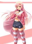  bike_shorts blush dress dress_lift hairband hayate_no_gotoku! katsura_hinagiku long_hair midriff navel open_mouth pink_hair school_uniform serafuku solo striped striped_legwear suzuka_sakito thighhighs wind wind_lift yellow_eyes 