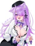  1girl absurdres ahoge animal_ear_fluff animal_ears black_hat black_ribbon blush bow breasts cat_ears cat_girl cleavage cleavage_cutout clothing_cutout collared_shirt commentary_request fang hair_over_one_eye hair_ribbon hat highres hololive large_breasts long_hair long_sleeves looking_at_viewer nekomata_okayu nekomata_okayu_(wonderland) official_alternate_costume open_mouth pulling_own_clothes purple_bow purple_eyes purple_hair raised_inner_eyebrows ribbon saliva shirt upper_body virtual_youtuber white_background white_shirt yuuyu_(moco20111115) 