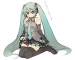  blue_eyes blue_hair detached_sleeves hatsune_miku kashiwamochi_yomogi kneeling long_hair microphone necktie skirt solo thighhighs twintails vocaloid zettai_ryouiki 