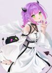  1girl absurdres angel_wings bibi_(tokoyami_towa) black_bow black_choker black_nails black_straps blunt_bangs bow braid choker commentary_request cowboy_shot demon_girl demon_horns demon_tail dress green_eyes hair_bow hand_up highres hololive horns long_sleeves looking_at_viewer off-shoulder_dress off_shoulder official_alternate_costume partial_commentary purple_hair sidelocks simple_background tail tokoyami_towa tokoyami_towa_(7th_costume) tongue tongue_out virtual_youtuber white_dress wings yuuyu_(moco20111115) 