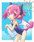  artist_request disgaea horns lowres makai_senki_disgaea_3 name_tag one-piece_swimsuit pink_eyes pink_hair pointy_ears raspberyl school_swimsuit short_hair solo swimsuit tail wings 