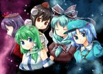  bad_id bad_pixiv_id black_hair blue_eyes blue_hair body_mahattaya_ginga closed_eyes front_ponytail green_hair hokuto_no_ken kagiyama_hina kawashiro_nitori kochiya_sanae multiple_girls parody purple_hair shameimaru_aya smile symbol-shaped_pupils touhou two_side_up yasaka_kanako 