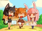  2girls animal_ears bear_ears bear_girl bell bell_collar bunny_ears cat_ears cat_tail collar kuma-tan kumatanchi multiple_girls neko-kun pantyhose rabi-tan shigatake tail talking walking 