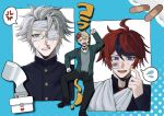  >_< 3boys ahoge alternate_costume alternate_form anger_vein angry aotsuki_eito arm_sling arm_up bandage_on_cheek bandaged_hand bandages bandaid bandaid_on_cheek bandaid_on_face black_jacket black_pants black_shoes black_streaks blonde_hair blood blue_eyes bow bowtie clenched_teeth commentary_request embarrassed eyepatch flying_sweatdrops gakuran glasses green_jacket grey_eyes grey_hair grey_sweater_vest highres injury jacket leg_up looking_down looking_up male_focus medical_eyepatch multicolored_hair multiple_boys nosebleed open_mouth pants red_bow red_bowtie red_hair red_shirt school_uniform shirt shoes short_hair siokonbu100 sirei_(hundred_line) smile spoken_anger_vein spoken_flying_sweatdrops streaked_hair sumino_takumi sweat sweater_vest teeth the_hundred_line_-last_defense_academy- white_shirt 