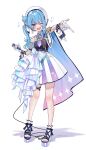  1girl blue_eyes blue_hair blush bow bowtie cape fingerless_gloves full_body gloves highres holding holding_microphone hololive hoshimachi_suisei idol_clothes looking_at_viewer microphone one_eye_closed one_side_up open_mouth platform_sandals purple_bow purple_bowtie ribbon sandals single_bare_shoulder sparkle thigh_strap virtual_youtuber white_background white_gloves wrist_ribbon yuuyu_(moco20111115) 