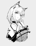  1girl absurdres animal_ear_fluff animal_ears arknights bare_shoulders closed_mouth collarbone cropped_torso dress ear_piercing grey_background greyscale highres kal'tsit_(arknights) looking_at_viewer material_growth monochrome off-shoulder_jacket off_shoulder oripathy_lesion_(arknights) piercing revision simple_background smile solo utsuke 