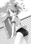  :o ass bad_id bad_pixiv_id chain-link_fence fang fence greyscale gym_uniform kickboard kimishima_ao looking_back monochrome no_pants one-piece_swimsuit original school_swimsuit short_hair solo swimsuit swimsuit_under_clothes 