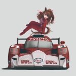  1girl absurdres animal_ears blue_eyes bow brown_hair car domino_mask ear_bow ear_ornament ear_scrunchie el_condor_pasa_(umamusume) eye_mask full_body hashtag-only_commentary highres horse_ears horse_girl horse_tail long_sleeves mask motor_vehicle race_vehicle racecar racing_suit red_racing_suit tail toyota toyota_ts020 umamusume yanparap 