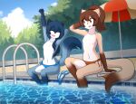 absurd_res anthro ayla_(skyline) bikini blue_body blue_eyes blue_fur blue_hair breasts brown_body brown_fur brown_hair canid canine canis casual_nudity clothed clothing day detailed_background digital_drawing_(artwork) digital_media_(artwork) duo english_text erdfurry featureless_breasts female flat_chested fox fur gloves_(marking) hair hi_res mammal markings moon_wolf multicolored_body multicolored_fur navel nude orange_eyes outdoor_nudity outside phal_(skyline) pool poolside shaded sitting skyline_(comic) small_breasts smile stretching swimming_pool swimwear text topless two-piece_swimsuit wolf