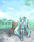  bench blue_hair detached_sleeves green_eyes hatsune_miku headset long_hair namiuchi_nanami necktie sitting skirt solo thighhighs twintails very_long_hair vocaloid 