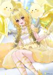  1girl absurdres ankle_lace-up baby_animal balloon bird blonde_hair blurry blurry_background blush braid breasts brown_eyes chick choker cleavage dress feet_out_of_frame gloves hair_between_eyes heart_balloon highres jewelry knees_together_feet_apart long_braid looking_at_viewer necklace novar_academy off-shoulder_dress off_shoulder official_art open_mouth parrot pearl_necklace petals sitting smile torino_pino twin_braids virtual_youtuber yellow_choker yellow_dress yellow_gloves yuuyu_(moco20111115) 