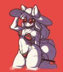 anthro bikini botanics canid canine clothing eyewear female fox fur fur_markings glasses hair hand_behind_back hat headgear headwear mammal markings pattern_bikini pattern_clothing pattern_swimwear red_background riko_(botanics) simple_background solo striped_bikini striped_clothing striped_swimwear stripes summer_hat swimwear tail tied_hair two-piece_swimsuit white_body white_fur