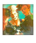  3boys ^_^ black_coat black_hair black_hat black_tank_top chain cherry_earrings closed_eyes coat dog earrings food-themed_earrings gakuran green_coat grin hat high_collar iggy_(jojo) jean_pierre_polnareff jewelry jojo_no_kimyou_na_bouken kakyoin_noriaki kujo_jotaro male_focus multiple_boys peaked_cap red_hair school_uniform smile stardust_crusaders tank_top teeth uu0000322 white_hair 
