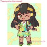  absurdres akari_(pokemon) ayasumi_(ayaslayer416) backpack bag black_hair black_socks chibi commentary commission english_commentary english_text fingerless_gloves gloves green_eyes green_sandals headband highres japanese_clothes jinbei_(clothes) juliana_(pokemon) one_eye_closed original pixiv_commission pixiv_username pokemon pokemon_legends:_arceus pokemon_sv rhea_(stryker324) sandals socks tan waving 