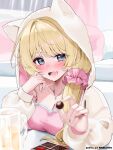  1girl ahoge animal_hood blonde_hair blush breasts cat_hood chocolate cleavage collarbone cup fang food grey_eyes highres holding holding_food hood incoming_food indie_virtual_youtuber indoors jewelry long_hair long_sleeves looking_at_viewer low-tied_long_hair medium_breasts mug necklace nose_blush official_art open_mouth skin_fang upper_body uwabami_momoka_(vtuber) virtual_youtuber yuuyu_(moco20111115) 
