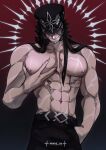  1boy abs arm_up bara belt black_belt black_hair black_helmet black_pants capitano_(genshin_impact) closed_mouth commentary covered_eyes cowboy_shot english_commentary fingernails genshin_impact hand_in_pocket helmet highres holding_own_pectorals large_pectorals long_hair male_focus minos_06 multiple_scars muscular muscular_male nipples pants pectorals scar scar_on_chest scar_on_shoulder sharp_fingernails smile solo topless_male twitter_username 