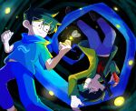 2boys black_shirt blood blood_from_mouth blood_on_clothes blue_hood blue_pants blue_shirt colored_skin death denim dual_persona fireflies god_tier_(homestuck) green_jacket grey-framed_eyewear highres homestuck hood impaled jacket jeans john_egbert kl_oekaki multiple_boys pants rectangular_eyewear rotational_symmetry serenity_(homestuck) shirt solid_circle_eyes spiral split_theme sword upside-down weapon white_skin 