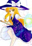  apron blonde_hair broom broom_riding hat kirisame_marisa looking_at_viewer looking_back puffy_short_sleeves puffy_sleeves saitou_kouichi short_sleeves simple_background solo touhou waist_apron white_background witch_hat yellow_eyes 