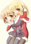  9law black_gloves blonde_hair brown_eyes brown_hair christmas elbow_gloves gloves hidamari_sketch hug long_hair miyako multiple_girls santa_costume short_hair skirt thighhighs v yellow_eyes yuno zettai_ryouiki 