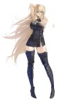  1girl absurdres armor armored_boots azur_lane belt bismarck_(azur_lane) bismarck_zwei_(azur_lane) black_armor black_belt black_skirt black_thighhighs blonde_hair blue_eyes boots breasts commentary_request full_body highres large_breasts leg_armor lom_(lom_lom_8) long_hair looking_at_viewer official_alternate_design sideboob simple_background skirt sleeveless smile solo thighhighs thighs very_long_hair white_background 