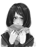  copyright_request greyscale katou_taira mole mole_under_eye monochrome sad scarf school_uniform solo tears 