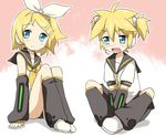  1girl alternate_hairstyle bad_id bad_pixiv_id blonde_hair blue_eyes brother_and_sister kagamine_len kagamine_rin maruki_(punchiki) short_hair short_twintails siblings sitting twins twintails vocaloid 