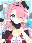  1girl 5others aoi_yun black_gloves blue_background blush border character_doll ciel-tan commentary_request doll gloves grin hair_over_one_eye half_gloves hand_on_another's_chin holding holding_doll isekai_maou_gokko long_hair long_sleeves looking_at_viewer multiple_others nono_sasaki one_eye_closed outside_border pink_hair portrait smile thick_eyebrows translation_request twirling_hair v white_border white_gloves 
