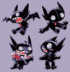  absurdres blush_stickers claws gem gem_eyes highres holding holding_gem interlocked_fingers multiple_views newo_(shinra-p) no_humans open_mouth own_hands_together pokemon pokemon_(creature) pokemon_focus purple_background purple_gemstone red_gemstone sableye saliva sharp_teeth simple_background single_blush_sticker sitting teeth 