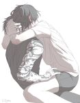 2boys arm_tattoo artist_name black_hair black_male_underwear black_pants black_tank_top boxer_briefs commentary_request from_side hand_tattoo heterochromia highres hug male_focus male_underwear multicolored_hair multiple_boys multiple_tattoos no_pants pants please_attakaq sakura_haruka_(wind_breaker) shirt short_hair simple_background sitting sitting_on_lap sitting_on_person split-color_hair tank_top tattoo two-tone_hair underwear white_background white_hair white_shirt wind_breaker_(nii_satoru) yamato_endo yaoi 