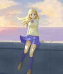  ahoge aidama_(td1143) blonde_hair cloud dusk light long_hair ocean original sitting skirt solo wind wind_lift 