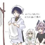  1girl 2boys alternate_costume alternate_hairstyle anger_vein apron bed_sheet black_bodysuit black_horns black_shirt black_shorts black_sleeves blouse blue_eyes blunt_ends blush bodysuit bright_pupils commentary_request cross-shaped_pupils diamond-shaped_pupils diamond_(shape) dragon_boy dragon_horns eyelashes facial_mark flying_sweatdrops forehead_mark frilled_apron frilled_sleeves frills genshin_impact green_eyes green_hair green_pupils hair_between_eyes hair_down height_difference highres holding holding_sheet horns index_fingers_together kappougi long_hair long_sleeves looking_at_another looking_down looking_up mandarin_collar mini_durin_(genshin_impact) mini_durin_(human)_(genshin_impact) multicolored_hair multiple_boys nahida_(genshin_impact) nervous_smile open_mouth pink_hair pointy_ears purple_horns red_eyes scaramouche_(genshin_impact) shirt shorts sidelocks sitting sketch smile standing stick streaked_hair suke_nnn sweatdrop symbol-shaped_pupils tenugui translation_request triangle_mouth twitter_username two-sided_horns wanderer_(genshin_impact) wavy_hair white_background white_mouth white_pupils white_shirt white_sleeves wispy_bangs 