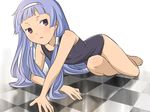  all_fours bad_id bad_pixiv_id bangs barefoot blue_hair blunt_bangs checkered checkered_floor flat_chest floor hair_tubes hairband hands kannagi long_hair nagi one-piece_swimsuit perspective purple_eyes school_swimsuit solo swimsuit xr650r 