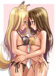  animal_ears bikini blonde_hair blue_eyes blush breast_press breasts brown_eyes brown_hair eye_contact face-to-face forehead-to-forehead katahira_masashi long_hair looking_at_another medium_breasts multiple_girls original side-tie_bikini swimsuit symmetrical_docking tail yuri 