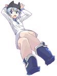  :o animal_hat arms_up bad_id bad_pixiv_id bare_legs blue_eyes blue_hair blush foreshortening full_body hat koma_(qqq111) long_sleeves looking_at_viewer nanami_ao oekaki open_mouth simple_background solo sweater white_background yozakura_quartet 